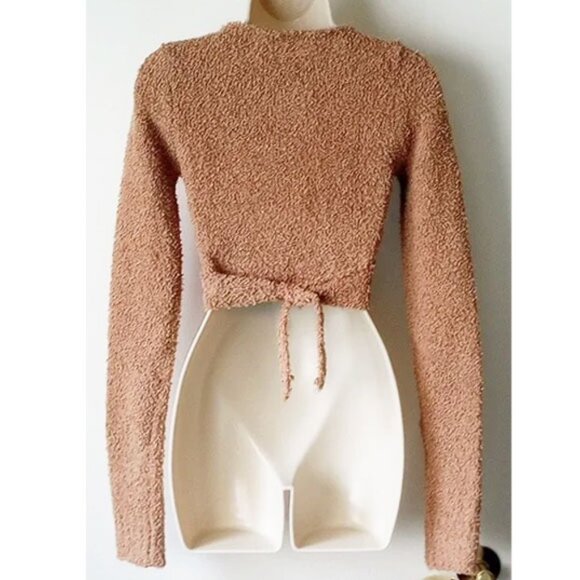 NWT Skims Cozy Knit Wrap Top S/M Camel Crop Boucle Teddy Bear - Picture 2 of 9